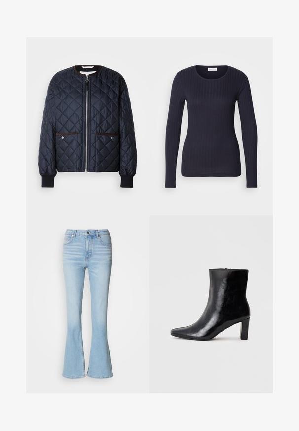 Quiltet navy jakke med lynlås, brun kant, sidelommer og ribbede ærmer. Glat, blankt stof med diamantmønster.; Marineblå langærmet ribbet top med rund hals. Fremstillet af blødt stof, har den et tætsiddende design og en subtil tekstur hele vejen igennem.; Lyseblå vide jeans lavet af denim med høj talje, prydet med subtil falming og en standard lynlås-lukning.; Sorte ankelstøvler lavet af blank læder, med spidse tæer og en mellemstor blokhæl, med en glat tekstur og et enkelt design.