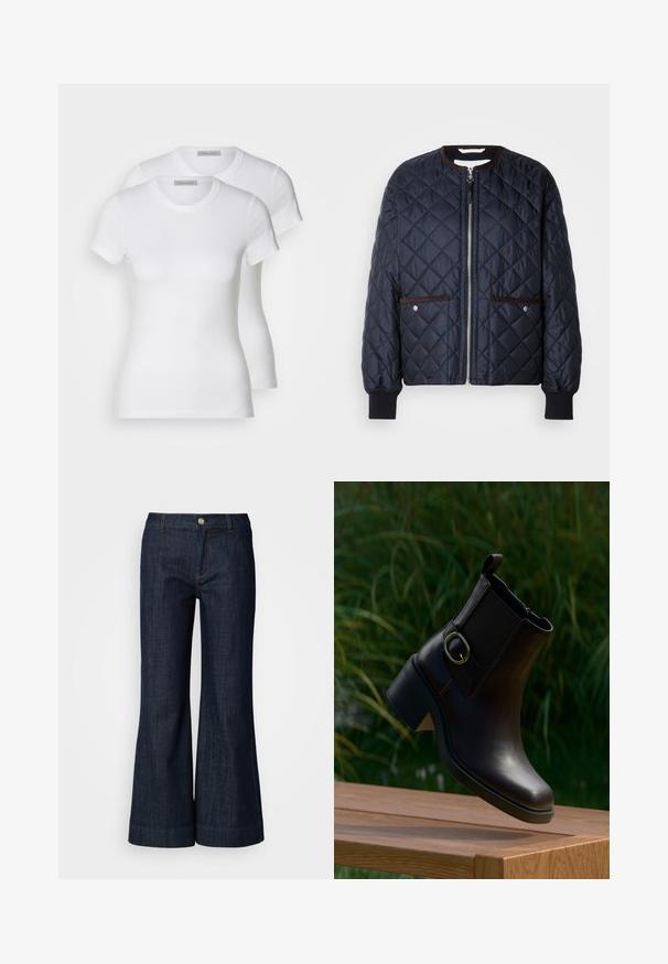 Gequilte marineblauwe jas met een ritssluiting, bruine bies, zijzakken en geribde manchetten. Gladde, glanzende stof met een ruitpatroon.; Twee witte katoenen t-shirts met korte mouwen, ronde halslijnen en een getailleerd silhouet, met een zachte textuur en minimalistisch ontwerp.; Donker gewassen denim jeans met een uitlopende pasvorm, voorzien van een knoopsluiting, oranje stiksel en omgeslagen broekspijpen. Gladde textuur en klassieke stijl.; Zwarte leren enkellaars met lage hak en zijgesp, drijvend boven een houten oppervlak buiten met een groene achtergrond van bladeren.