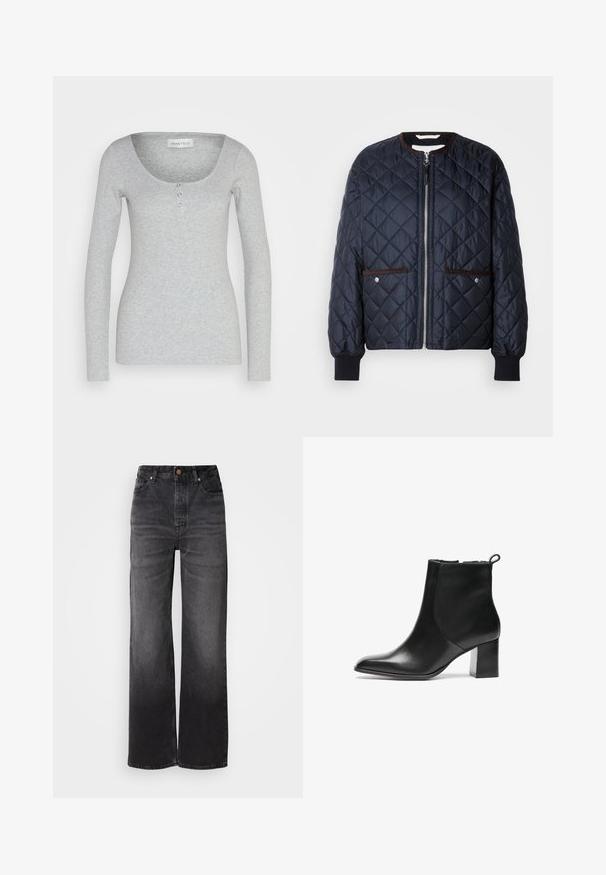 Quiltet navy jakke med lynlås, brun kant, sidelommer og ribbede ærmer. Glat, blankt stof med diamantmønster.; Langærmet grå top lavet af blødt, tekstureret stof. Har en rund halsudskæring og tre funktionelle knapper i midten foran.; Sorte afslappede jeans med høj talje, fem lommer, knaplukning og en subtil falmet tekstur. Tyk stof med en struktureret pasform.; Sorte læder ankelstøvler med en rund tå, en mellemhøj blokhæl og en løkke bagpå. Glat tekstur, minimalistisk design.