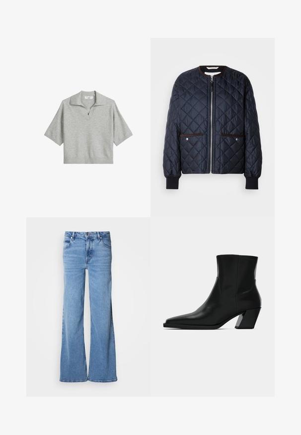 Gesteppte navy Jacke mit Reißverschluss, braunen Akzenten, Seitentaschen und gerippten Bündchen. Glattes, glänzendes Material mit einem Rautenmuster.; Helles graues Polo-Pullover mit kurzen Ärmeln, V-Ausschnitt und geripptem Saum. Hergestellt aus gestricktem Stoff mit einem strukturierten Kragen.; Hellblaue Jeans mit weitem Bein aus Denim. Mit klassischem Fünf-Taschen-Design und sichtbarem Knopfverschluss. Weiche Textur und schlichter Abschluss.; Schwarze Leder-Stiefelette mit spitzem Zeh, schlanker Silhouette und klobigem quadratischem Absatz. Glatte Textur mit minimalen Nähdetails.