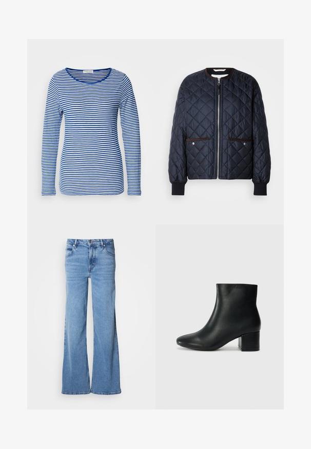 Gesteppte navy Jacke mit Reißverschluss, braunen Akzenten, Seitentaschen und gerippten Bündchen. Glattes, glänzendes Material mit einem Rautenmuster.; Langarmshirt mit Rundhalsausschnitt, das abwechselnd blaue und weiße horizontale Streifen aufweist. Hergestellt aus weichem, leichtem Stoff.; Hellblaue Jeans mit weitem Bein aus Denim. Mit klassischem Fünf-Taschen-Design und sichtbarem Knopfverschluss. Weiche Textur und schlichter Abschluss.; Schwarze Leder-Ankle-Boots mit spitzem Zehenbereich und klobigem Absatz. Glatte Textur mit minimalen Akzenten und einem eleganten, taillierten Design.