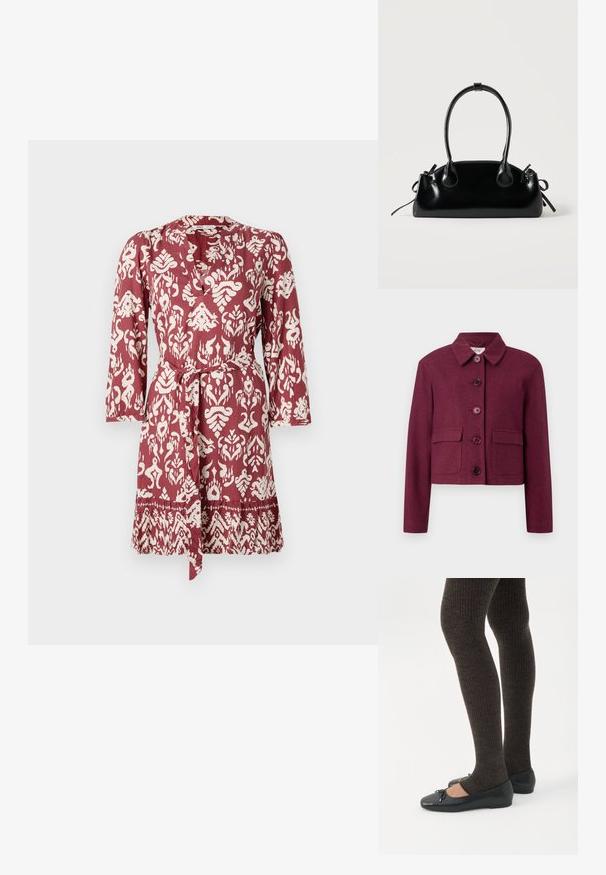 Veste cropped bordeaux en tissu texturé avec un col pointu, cinq boutons et deux poches avant.; Robe à motifs rouges et blancs avec une taille à nouer, des manches longues et un décolleté en V. Présente un design floral et géométrique complexe.; Jambes portant des leggings côtelés foncés associés à des ballerines noires avec de petits détails en nœud sur fond blanc.; Petit sac à main noir brillant avec deux longues anses et des détails à cordon sur les côtés sur un fond clair uni.