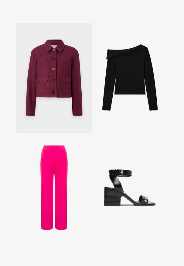 Bordeaux cropped jakke lavet af tekstureret stof med spids krave, fem knapper og to forlommer.; Sort langærmet top med skulderfri design, lavet af et blødt, elastisk materiale, med en flad krave og en tætsiddende silhuet.; Lyserøde bredde benbukser med en glat tekstur og et høj talje-design. Fremstillet af letvægtsstof for komfort og bevægelsesfrihed.; Sort åben tå hælsandal med ankelrem, sølvspænde, blokhæl og metalliske nitter på tåremmen, vist fra siden.