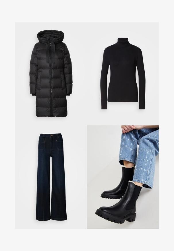 Sort pufferjakke med hætte, lynlås foran og to sidelommer. Har et quiltet design og justerbare snore på hætten.; Sort ribbet rullekravesweater med lange ærmer. Fremstillet af strikmateriale med en tætsiddende design. Glat tekstur og høj halsdetalje.; Bredde ben denimjeans i mørkeblå. Har forlommer, guldfarvet hardware og kontrasterende syninger. Glat tekstur med et afslappet design.; Sorte læder ankelstøvler med elastiske sidepaneler, teksturerede klodsede såler og lammeskindforing øverst, parret med lyseblå dekorerede jeans.