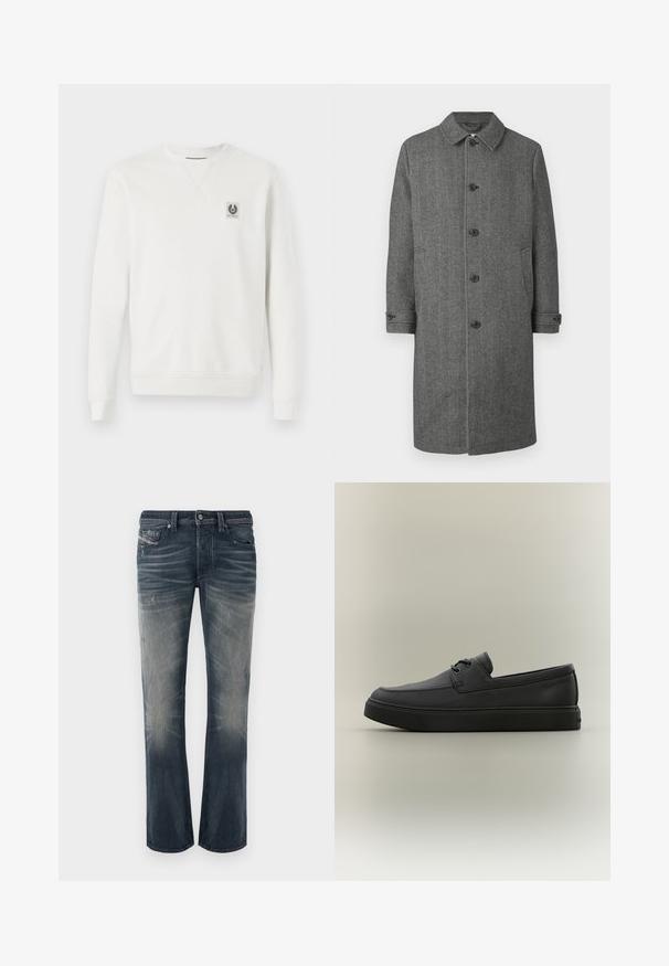 Grå hørfrakke med krave, fem forreste knapper, to sidelommer og oppulmede manchetter. Fremstillet af en tyk, struktureret stof.; Hvid sweatshirt, bomuldsstof, rund halsudskæring, ribbede manchetter og kant, har et lille logo-patch på brystet, minimalisk design.; Lysblå, straight-leg jeans i mørkeblå denim med falmede sektioner, diskrete rynker og slidte detaljer. Knappelukning med fem lommer.; Sort afslappet læderloafer med snøredetaljer og tyk gummisål, vist fra siden på en neutral baggrund.