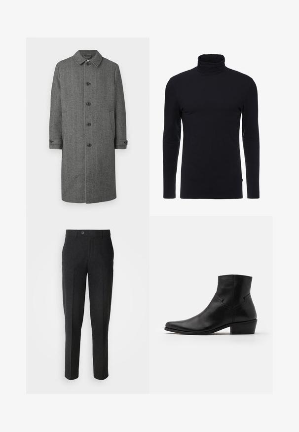 Grau gestreifter Mantel mit Kragen, fünf vorderen Knöpfen, zwei seitlichen Taschen und umgeschlagenen Bündchen. Hergestellt aus einem dicken, strukturierten Stoff.; Schwarzes Langarm-Turtleneck-Shirt aus weichem, dehnbaren Stoff. Verfügt über ein tailliertes Design und eine glatte Textur. Keine sichtbaren Muster oder Akzente.; Lindbergh Stoffhose - black melange; Schwarze Leder-Ankle-Boots mit spitzer Zehenpartie, minimalen Nähdetails, einem mittelhohen Blockabsatz und einer glatten, polierten Oberfläche.