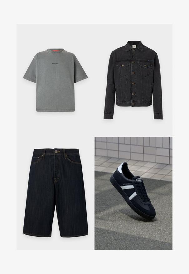 Schwarze Jeansjacke mit Knopfleiste, zwei Brustpatentaschen mit Knöpfen, Seitentaschen und Kragen, flach auf weißem Hintergrund ausgelegt.; Replay Inc. T-Shirt basic - stoned grey; Dunkelblaue Denim-Shorts mit geradem Schnitt, ausgestattet mit gelben Nähten, fünf Taschen und einem vorderen Knopfverschluss. Glatte Textur.; Schwarze Leder-Sneaker mit weißen Streifen, strukturiertem Gummisohle und Schnürung. Verfügt über ein Markenetikett auf der Zunge.