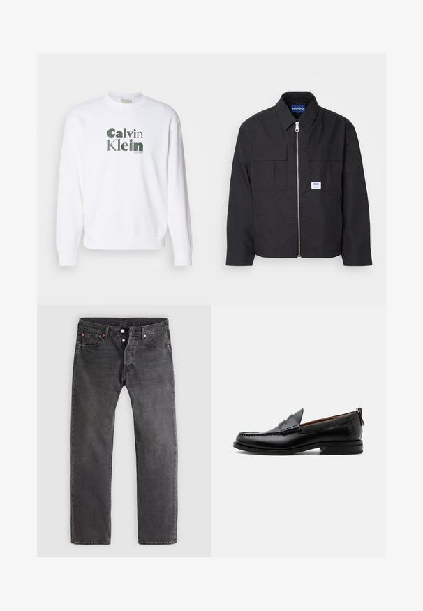 Veste noire avec fermeture éclair à l'avant, col pointu et deux poches poitrine. Équipée d'un logo en patch et d'un tissu texturé. Coupe ajustée avec manches longues.; Sweatshirt blanc avec des poignets et un ourlet côtelés, présentant un grand logo vert "Calvin Klein" dans une police moderne imprimé sur le devant.; Jean en denim noir délavé avec une coupe jambe droite, braguette à boutons et rivets en cuivre. Comprend cinq poches et des motifs d'usure subtils.; Mocassin homme en cuir noir avec couture moc toe, bride penny, col texturé et petit talon empilé sur fond blanc.