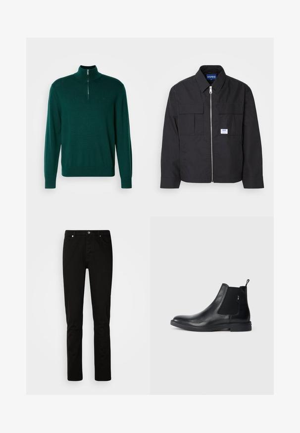 Sort jakke med lynlås foran, spidse krave og to brystlommer. Har et mærke på og tekstureret stof. Skræddersyet pasform med lange ærmer.; Mørkegrøn zip-up sweater med høj krave, lange ærmer og ribbede manchetter. Fremstillet af et glat, let strikket stof. Subtilt logo detalje.; Sorte jeans med lige ben med foran knap- og lynlåslukning, for- og baglommer, vist på en lys ensartet baggrund.; Sorte læder Chelsea støvler med elastiske sidepaneler, en pull-tab og en flad gummisål. Glat tekstur med minimal detaljer.
