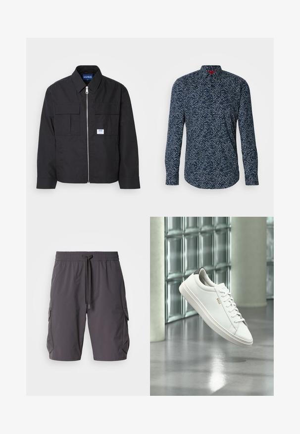 Schwarze Jacke mit Reißverschluss vorne, spitzem Kragen und zwei Brusttaschen. Verfügt über ein gesticktes Logo und strukturiertes Material. Figurbetonter Schnitt mit langen Ärmeln.; Marineblaues Langarmhemd mit weißem Blumenmuster, Knopfkragen und abgerundetem Saum. Hergestellt aus leichtem Stoff mit glatter Textur.; Graue Cargo-Shorts aus leichtem Stoff, mit einem Kordelzugbund, Seitentaschen und einem leicht lockeren Schnitt.; Weißer Leder-Low-Top-Sneaker mit Schnürsenkeln, schwarzer Fersenschlaufe und „BOSS“-Logo, der drinnen nahe einer Glassteinwand und einem polierten Boden schwebt.