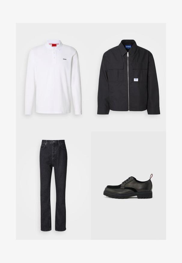 Chaqueta negra con cremallera frontal, cuello puntiagudo y dos bolsillos en el pecho. Presenta un logo en parche y tejido texturizado. Corte ajustado con mangas largas.; Camisa polo blanca de manga larga hecha de algodón con cuello, tapeta de tres botones y el logo negro "HUGO" en el lado izquierdo del pecho.; Jeans de mezclilla negros de cintura alta con cierre de botón y cremallera, bolsillos frontales y traseros, y corte recto.; Zapato negro de cuero con cordones, suela gruesa con dibujo y lengüeta roja en el talón, mostrado de perfil sobre un fondo gris claro.