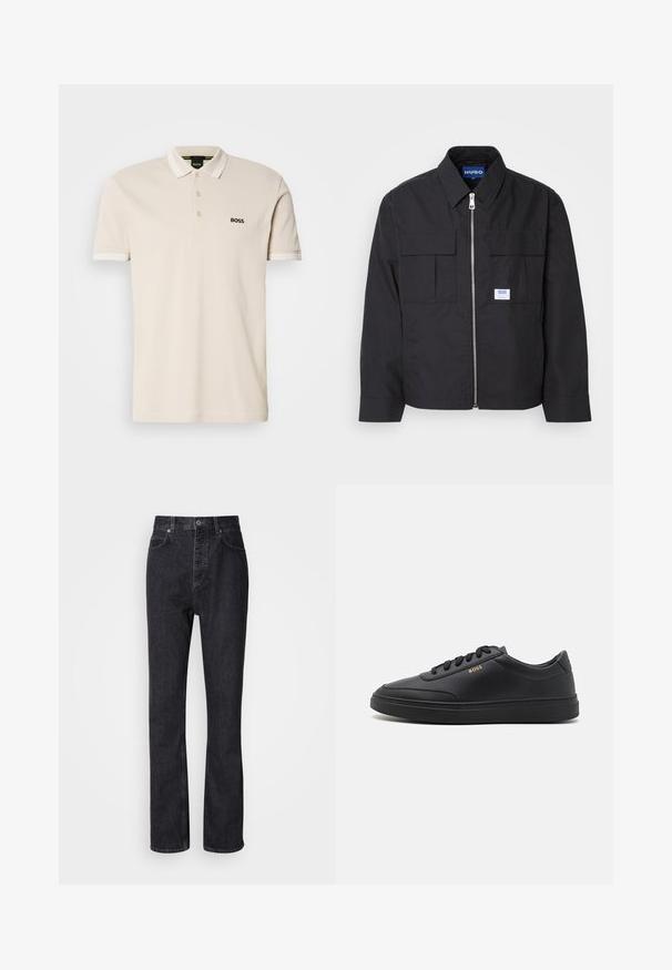 Veste noire avec fermeture éclair à l'avant, col pointu et deux poches poitrine. Équipée d'un logo en patch et d'un tissu texturé. Coupe ajustée avec manches longues.; T-shirt polo beige avec un col, patte de boutonnage à trois boutons et logo noir brodé sur la poitrine gauche. Manches courtes avec accents blancs.; Jean en denim noir taille haute avec fermeture à bouton et à glissière, poches avant et arrière, et coupe droite.; Baskets en cuir noir avec une texture lisse, bout rond, semelle en caoutchouc plate et lacets ton sur ton. Présente une marque "BOSS" dorée sur le côté.