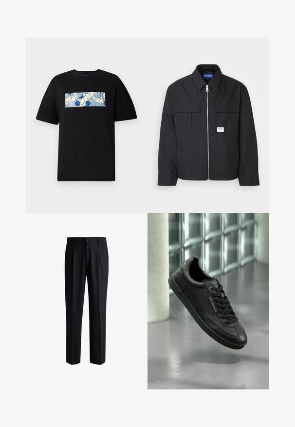 Sort jakke med lynlås foran, spidse krave og to brystlommer. Har et mærke på og tekstureret stof. Skræddersyet pasform med lange ærmer.; Sort bomulds t-shirt med en rektangulær grafik i blå og creme med cirkulære mønstre og doodles, designet til en afslappet pasform.; Sorte bukser lavet af glat stof, med lige ben-design, plisseringer foran og knaplukning med bæltestropper.; Sort læder-sneaker med en struktureret overflade, flade snørebånd, rundet tå og gummisål. Har et logo-detalje på siden.
