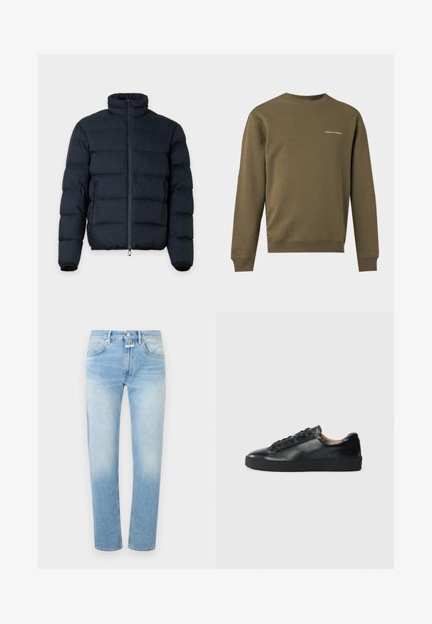 Sort polstret jakke med høj krave, lange ærmer, lynlås foran og to lynlåslommer i siderne på ensfarvet baggrund.; Langærmet olivengrøn crewneck sweatshirt med lille "Tiger of Sweden" tekstlogo på venstre bryst.; Lyseblå denimjeans med lige ben, to frontlommer, knaplukning og subtile falmninger over stoffet.; Sorte lædersneakers med en glat overflade, rund tå og snørebåndslukning. Har en tyk gummisål og minimal branddetalje.