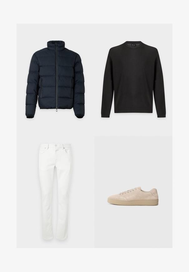 Veste matelassée noire avec col haut, manches longues, fermeture éclair frontale et deux poches latérales zippées sur fond uni.; Pull noir texturé à manches longues avec col rond, poignets et ourlet côtelés sur fond gris clair.; Jeans en denim blanc avec une coupe droite, un design à cinq poches et une fermeture à bouton en métal. Texture lisse et détails de couture minimaux.; Baskets en daim beige avec un bout rond, des lacets plats et une semelle en caoutchouc texturé. Design minimaliste avec des bords lisses et des coutures discrètes.