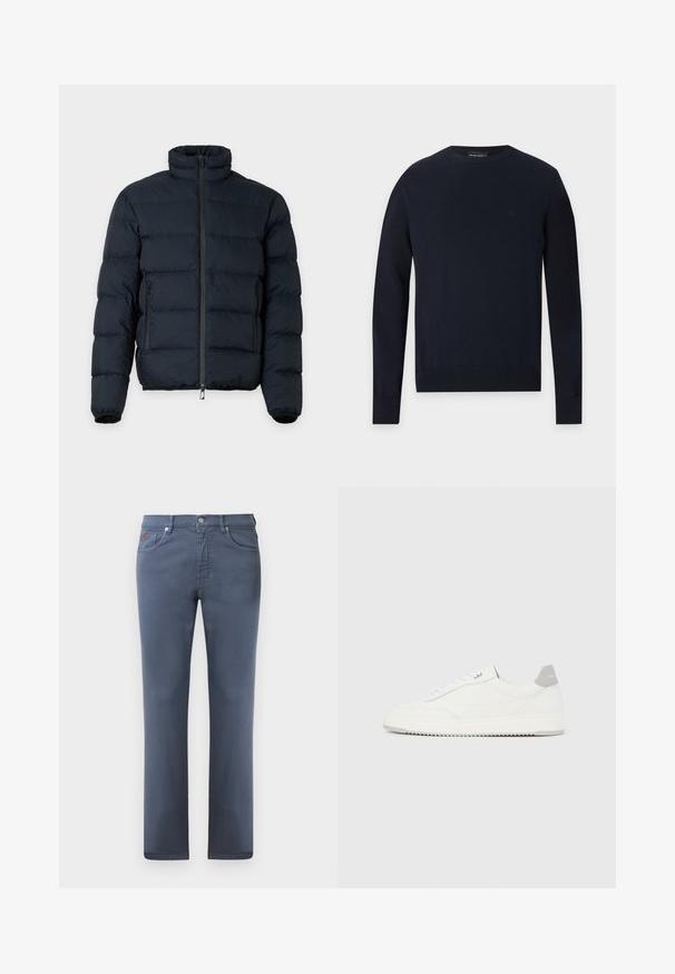 Chaqueta negra acolchada con cuello alto, mangas largas, cremallera frontal y dos bolsillos laterales con cremallera sobre fondo liso.; Jersey de cuello redondo azul marino con mangas largas, puños y dobladillo acanalados sobre fondo gris claro.; Jeans de mezclilla gris con corte recto, cinco bolsillos y cierre de botón metálico. Presenta costuras sutiles y un pequeño detalle de logo.; Zapatilla blanca de corte bajo con pestaña en el talón gris, cordones blancos y suela texturizada, presentada sobre un fondo claro y liso.