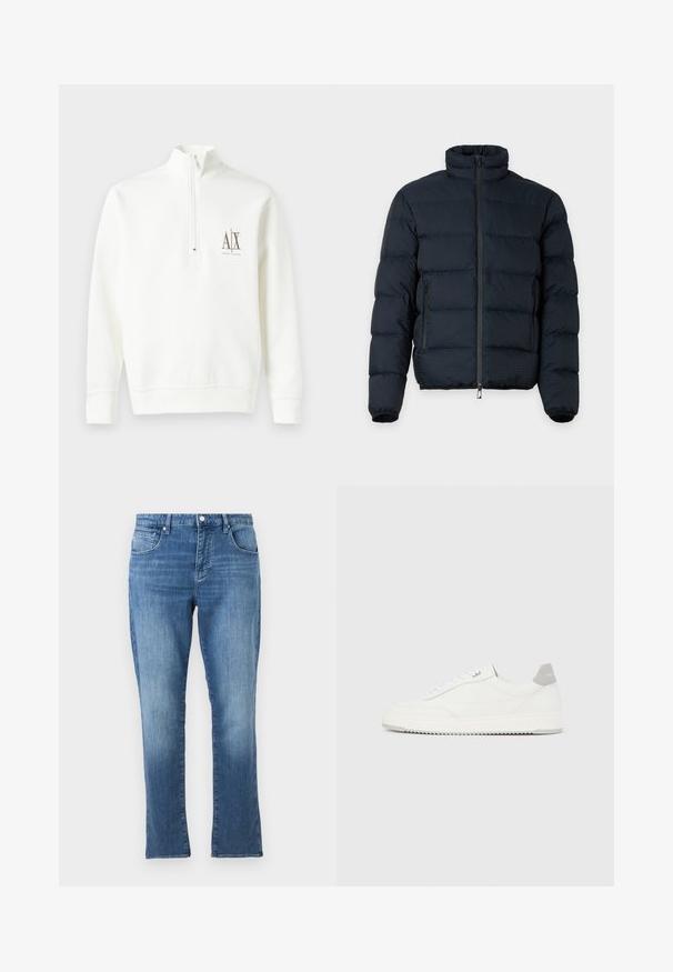 Schwarze gesteppte Jacke mit hohem Kragen, langen Ärmeln, Frontreißverschluss und zwei seitlichen Reißverschlusstaschen vor einfarbigem Hintergrund.; Weißer Sweatshirt mit Reißverschluss am Kragen, aus weichem Stoff. Mit kleinem Logo auf der linken Brust in Braun sowie geripptem Saum und Bündchen.; Blaue Jeans aus Denim mit geradem Bein, Vorderknopf- und Reißverschluss sowie Fünf-Taschen-Design, dargestellt vor einem schlichten hellen Hintergrund.; Weißer Sneaker mit niedrigem Schaft, grauem Fersenlaschen, weißen Schnürsenkeln und einer strukturierten Sohle, dargestellt vor einem schlichten hellen Hintergrund.
