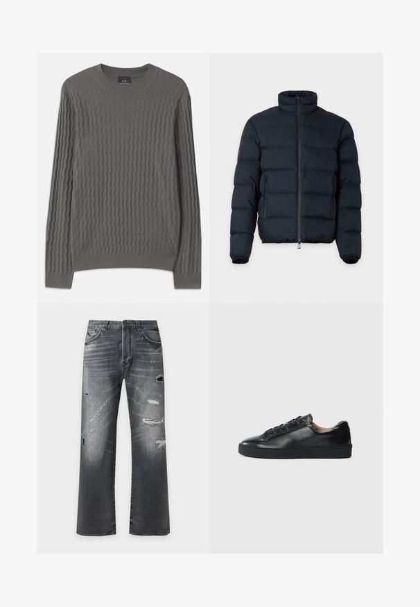Čierna prešívaná bunda s vysokým golierom, dlhými rukávmi, predným zipsom a dvoma bočnými vreckami na zips na jednofarebnom pozadí.; Armani Exchange Svetrík - dark gull zig zag; Čierne vyblednuté rifle s rovnými nohavicami, s opotrebovanými dierami a ošúchanými záplatami na prednej strane stehien a kolien.; Čierne kožené tenisky s hladkým povrchom, okrúhlou špičkou a šnúrkami. Majú hrubú gumenú podrážku a minimálne značkové detaily.