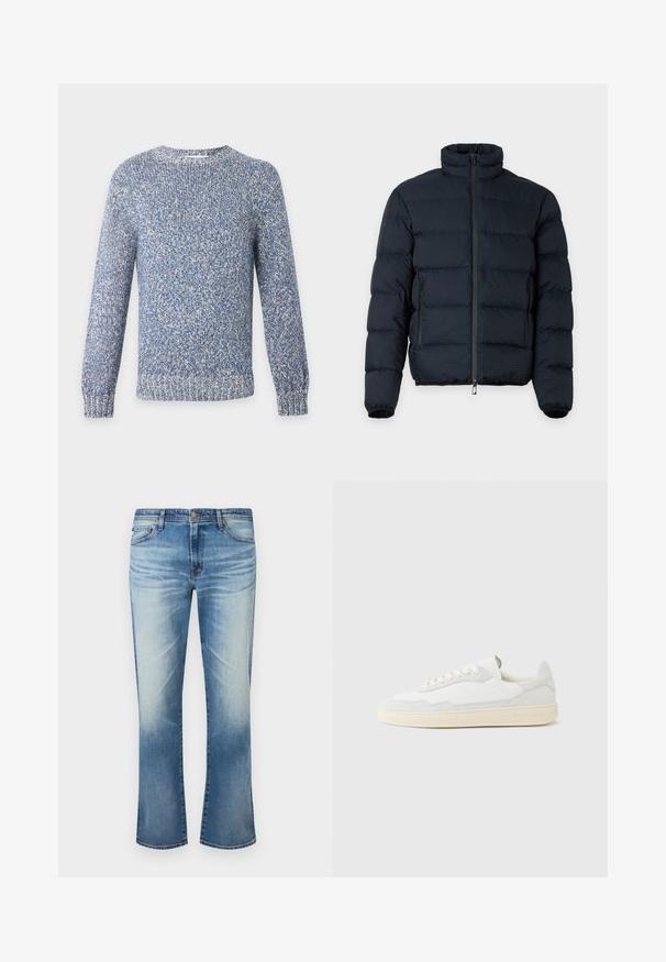 Veste matelassée noire avec col haut, manches longues, fermeture éclair frontale et deux poches latérales zippées sur fond uni.; Pull tricoté chiné bleu et blanc à col rond, manches longues, poignets et ourlet côtelés.; Jean droit délavé bleu pour hommes avec fermeture à bouton et design à cinq poches sur fond blanc.; Baskets blanches avec dessus en daim et cuir texturé. Caractérisées par un bout arrondi, une fermeture à lacets et une semelle en caoutchouc beige contrastante.