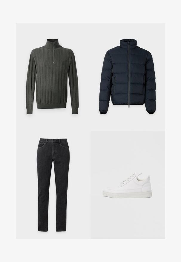 Veste matelassée noire avec col haut, manches longues, fermeture éclair frontale et deux poches latérales zippées sur fond uni.; Pull en tricot vert foncé avec un col zippé mi-haut, présentant une texture côtelée verticale et des poignets ajustés. Tissu doux, design décontracté.; Jean noir slim fit avec cinq poches, passants de ceinture et coutures visibles, présenté de face sur un fond uni.; Baskets en cuir blanc avec un embout arrondi, une semelle plate et un laçage à l'avant. Présentent des détails de couture et un col rembourré pour plus de confort.