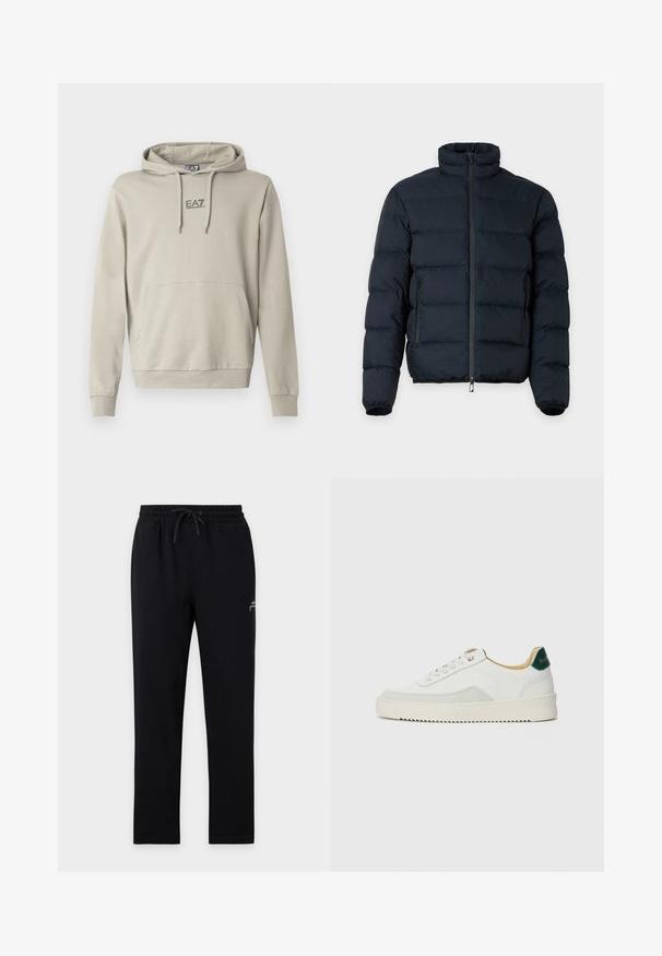 Veste matelassée noire avec col haut, manches longues, fermeture éclair frontale et deux poches latérales zippées sur fond uni.; Sweat à capuche beige clair avec cordon de serrage, poche kangourou et logo EA7 sur la poitrine. Le tissu semble doux avec une texture lisse.; Pantalon de jogging noir avec taille élastique et cordon, jambes droites, avec un petit logo blanc sur la partie supérieure de la cuisse gauche.; Baskets blanches avec des accents en daim, bout arrondi, lacets plats et semelle en caoutchouc crème. Présente une marque verte sur le talon.