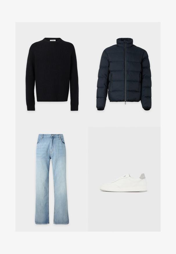 Black padded jacket with high collar, long sleeves, front zipper, and two zippered side pockets on plain background.; Black long-sleeve ribbed knit sweater with crew neck and J. Lindeberg label at the back inside collar.; Light blue straight-leg denim jeans with front button and zip closure, front pockets, and belt loops, shown against a plain background.; White low-top sneaker with gray heel tab, white laces, and a textured sole, displayed on a plain light background.
