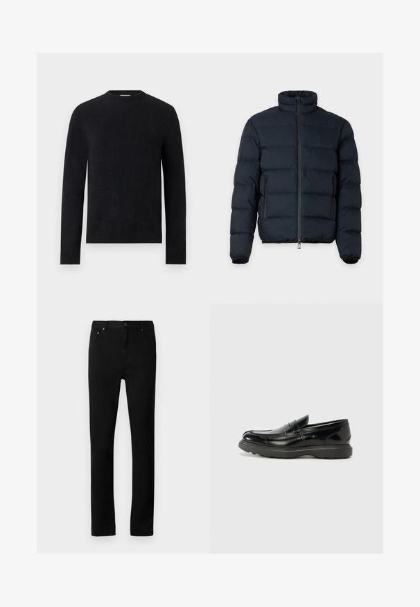Sort polstret jakke med høj krave, lange ærmer, lynlås foran og to lynlåslommer i siderne på ensfarvet baggrund.; Sort langærmet crew neck trøje med enkelt, tætsiddende design uden synlige mønstre eller logoer.; Sorte denim jeans med lige pasform, fem-lomme design, metal hardware detaljer og en glat, uigennemsigtig tekstur.; Sort læderloafer med en blank finish, rund tå, subtile syninger og en tyk gummisål for holdbarhed.