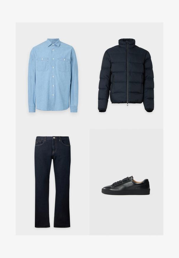 Veste matelassée noire avec col haut, manches longues, fermeture éclair frontale et deux poches latérales zippées sur fond uni.; Chemise à manches longues bleu clair avec deux poches frontales et boutons blancs, présentée sur un fond blanc.; Jean en denim bleu foncé coupe droite avec poches avant et arrière, coutures visibles et fermeture par bouton à la taille.; Baskets en cuir noir avec une texture lisse, bout rond et fermeture à lacets. Comprend une semelle en caoutchouc épaisse et un minimum de détails de marque.