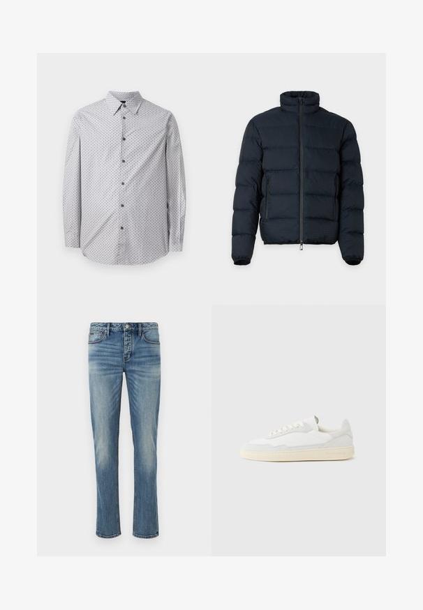 Veste matelassée noire avec col haut, manches longues, fermeture éclair frontale et deux poches latérales zippées sur fond uni.; Chemise à manches longues avec boutons, de couleur gris clair avec un petit motif géométrique noir, col standard, et boutons noirs sur le devant.; Jean en denim bleu clair avec une coupe droite, design à cinq poches, fermeture à bouton en métal argenté et dégradé subtil sur tout le tissu.; Baskets blanches avec dessus en daim et cuir texturé. Caractérisées par un bout arrondi, une fermeture à lacets et une semelle en caoutchouc beige contrastante.