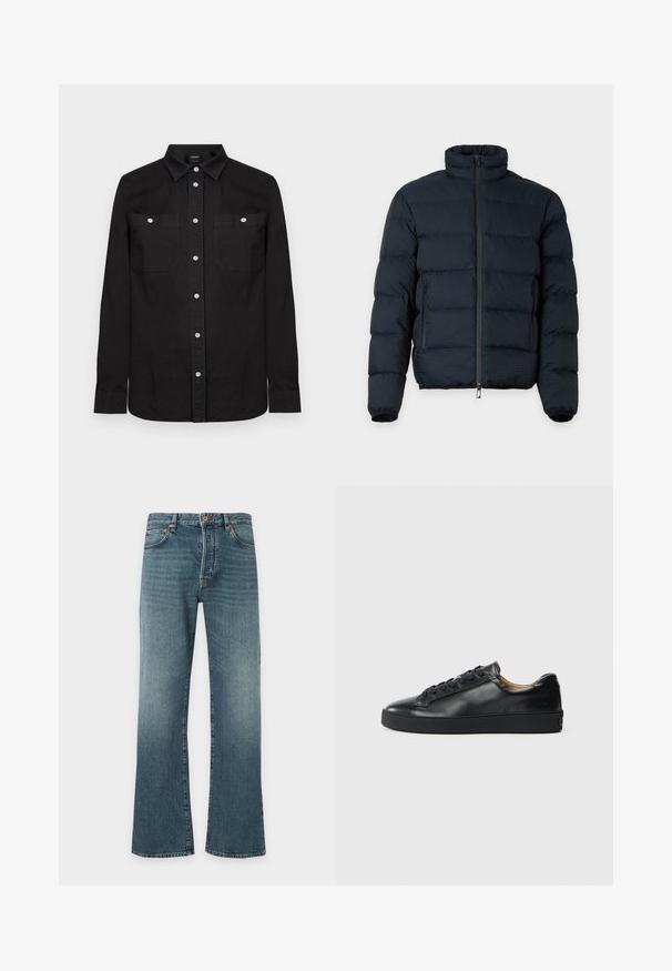 Veste matelassée noire avec col haut, manches longues, fermeture éclair frontale et deux poches latérales zippées sur fond uni.; Chemise noire à manches longues avec col pointu et deux poches poitrine à l'avant, chacune fermée par un bouton blanc.; Jean en denim bleu avec un léger évasement en bas, design classique à cinq poches, fermeture par bouton et fermeture éclair, et légère décoloration sur les cuisses.; Baskets en cuir noir avec une texture lisse, bout rond et fermeture à lacets. Comprend une semelle en caoutchouc épaisse et un minimum de détails de marque.