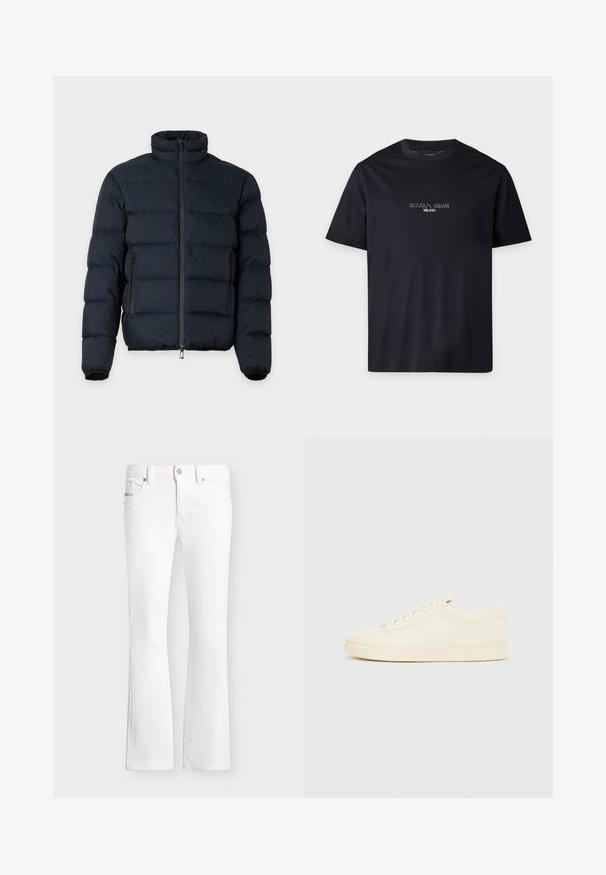 Veste matelassée noire avec col haut, manches longues, fermeture éclair frontale et deux poches latérales zippées sur fond uni.; T-shirt noir à manches courtes avec col rond, texte "EMPORIO ARMANI MILANO" centré sur la poitrine en petite police blanche.; Jean bootcut blanc avec fermeture avant par bouton et zip, passants de ceinture et poches, présenté sur un fond uni.; Baskets couleur crème avec une tige en cuir lisse, bout arrondi, laçage à l'avant et semelle en caoutchouc texturée. Design minimaliste, sans logo.