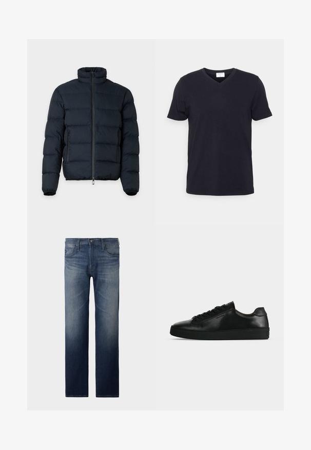 Schwarze gesteppte Jacke mit hohem Kragen, langen Ärmeln, Frontreißverschluss und zwei seitlichen Reißverschlusstaschen vor einfarbigem Hintergrund.; Schwarzes V-Ausschnitt-T-Shirt aus Baumwolle, mit kurzen Ärmeln und lockerer Passform. Einfaches Design, keine Muster oder zusätzlichen Akzente.; Gerade Jeans in dunkler blauem Waschung. Verfügt über fünf Taschen, Reißverschluss und Knopfverschluss. Leicht ausgebleichte Textur am Oberschenkel. Denim-Stoff.; Schwarzer niedriger Ledersneaker mit schwarzen Schnürsenkeln und dicker schwarzer Sohle, von der Seite auf hellgrauem Hintergrund gezeigt.