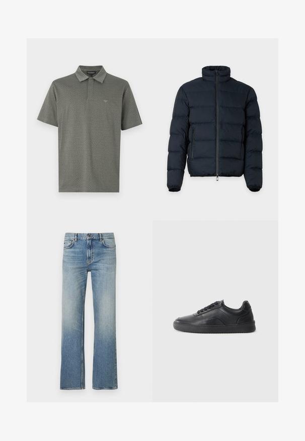 Veste matelassée noire avec col haut, manches longues, fermeture éclair frontale et deux poches latérales zippées sur fond uni.; Polo à manches courtes de couleur vert foncé avec un motif géométrique texturé, col classique et logo discret brodé sur la poitrine.; Jean en denim bleu clair avec une coupe droite, présentant une finition délavée, un design classique à cinq poches et des coutures contrastées.; Chaussure de sport en cuir noir avec une finition lisse, bout arrondi, panneau latéral texturé et lacets noirs. Présente une semelle en caoutchouc plate et un design minimaliste.
