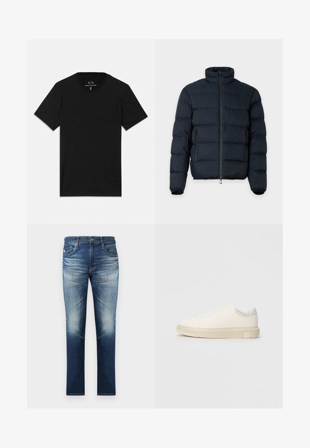 Schwarze gesteppte Jacke mit hohem Kragen, langen Ärmeln, Frontreißverschluss und zwei seitlichen Reißverschlusstaschen vor einfarbigem Hintergrund.; Schwarzes T-Shirt aus Baumwolle mit kurzen Ärmeln, Rundhalsausschnitt und einem Etikett mit dem Markenlogo am inneren Kragen.; Blaue Jeans aus Denim mit verblassten Details an den Oberschenkeln und Knien, klassischer Fünf-Taschen-Stil und gerader Beinverlauf.; Weißer Sneaker mit einem glatten Obermaterial aus Canvas, flachen Schnürsenkeln, gepolstertem Kragen und einem strukturierten grauen Akzent an der Rückseite. Chunkige Gummisohle.