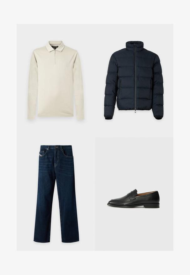 Veste matelassée noire avec col haut, manches longues, fermeture éclair frontale et deux poches latérales zippées sur fond uni.; Polo à manches longues crème en tissu doux, dotée d'un col zippé et d'une texture lisse, avec une coupe ajustée et un design minimaliste.; Jean en denim bleu foncé à coupe droite avec poches avant, passants de ceinture et coutures visibles sur un fond clair.; Mocassin en cuir noir avec un bout arrondi, des coutures subtiles et un talon bas, présentant une texture lisse et un design minimaliste.