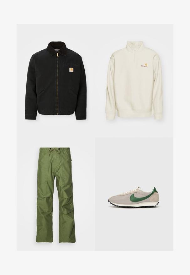 Mustan lukuga vest, millel on pruunist kangast krae, kaks küljetaskut ja väike ruudukujuline Carhartti logo patch vasakul rinnal.; Kreemikas värvi pulloveri dressipluus kõrge kaelusega, poole tõmblukuga ja soonikkoes mansettidega. Esiküljel on väike oranž ja punane logo rinnal.; Olive roheline cargo püksid, mis on valmistatud kergest kangast. Omab järgmisi omadusi: nööriga vöö, kaks eesmist taskut ja lõtv istuvus.; Bežid jooksujalatsid roheliste nahkdetailidega, tekstureeritud võrkkangas, kreemikarva paelad ja must kummist tallaga, millel on haardenupid.