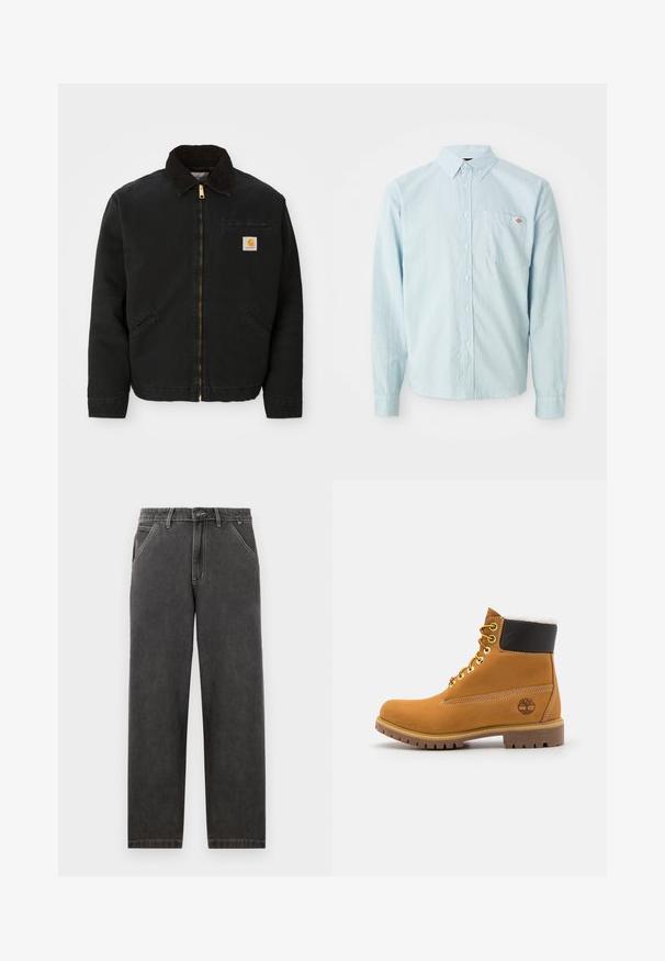 Schwarze zip-up Jacke mit braunem Cordkragen, zwei Seitentaschen und einem kleinen quadratischen Carhartt-Logo-Patch auf der linken Brust.; Helles blaues Langarm-Hemd mit Knopfleiste, Knopfkragen und Brusttasche, die mit einem kleinen roten und weißen Logopatch versehen ist.; Dunkelgraue Denim-Hosen mit geradem Schnitt, mit kontrastierenden weißen Nähten, einem Knopfverschluss und seitlichen Taschen.; Braune Leder-Ankle-Boots mit Metallösen, weißem Kunstfellfutter, schwarzem gepolstertem Kragen, robustem Sohlenprofil und geprägtem Logo an der Seite.