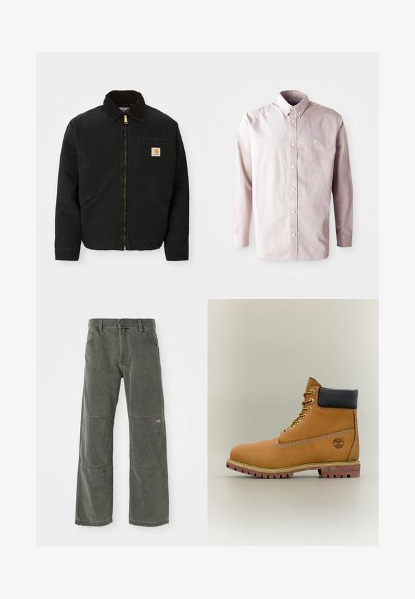Zwarte ritsjack met een bruine corduroy kraag, twee zijzakken en een klein vierkant Carhartt logo-patch op de linkerborst.; Lichtroze langemouwen overhemdbloes van katoen, met een klassieke kraag, knopen aan de voorkant en een klein logo op de linkerborst.; Donkergrijze wijde broek van duurzaam materiaal, met kniestukken, een klassieke sluiting met knoop aan de voorkant en gestikte accenten.; Bruine leren enkellaars met zwarte kraag, gele veters en een zandkleurige zool. Voorzien van een logo en witte stikseldetails. Robuuste loopzool met grip.