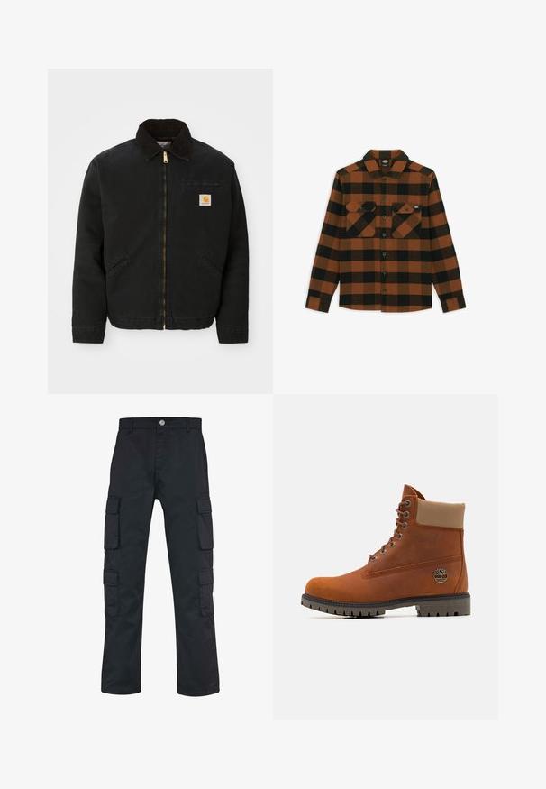 Sort zip-up jakke med brun kordfløjlskrave, to sidelommer og et lille firkantet Carhartt logo patch på venstre bryst.; Langærmet skjorte i orange og sort ternet mønster, lavet af et tekstureret stof. Har to brystlommer og knaplukning foran.; Sorte cargo bukser med lige ben, lavet af slidstærkt materiale. Har flere sidelommer og knaplukning.; Timberland Snørestøvletter - medium orange