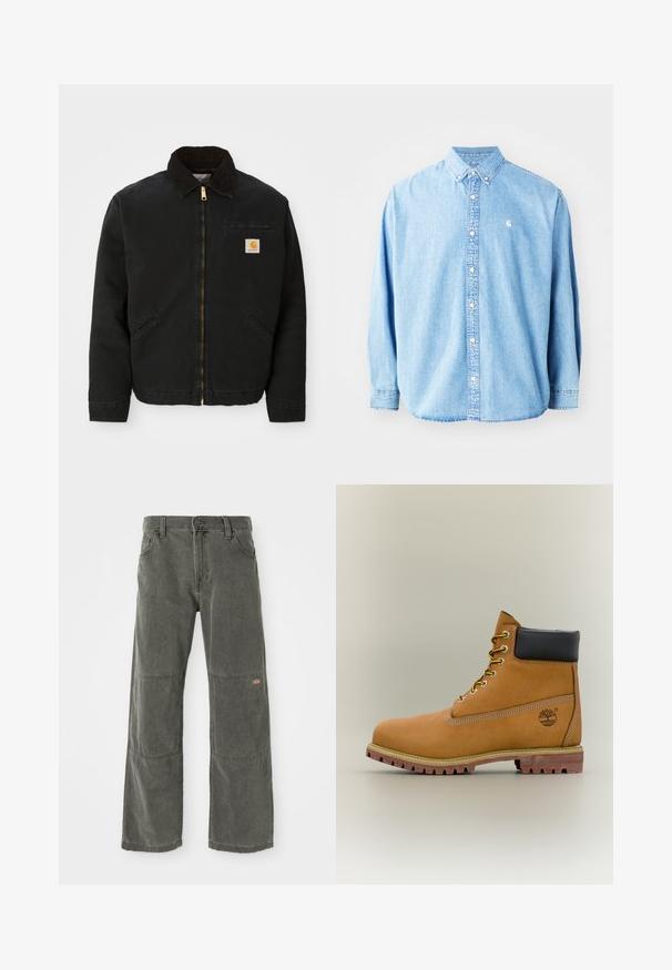 Čierna zipsová bunda s hnedým kordovým golierom, dvoma bočnými vreckami a malou štvorcovou nášivkou s logom Carhartt na ľavej hrudi.; Svetlomodrá džínová košeľa na gombíky s dlhými rukávmi, špicatým golierom a malým logom na ľavej hrudi. Má voľný strih a klasický dizajn.; Tmavošedé široké nohavice vyrobené z odolného materiálu, so záplatami na kolenách, klasickým zapínaním na prednej strane a prešitými detailmi.; Hnedá kožená členková členková obuv s čiernym golierom, žltými šnúrkami a béžovou podrážkou. Má logo a biele prešívanie. Hrubá podrážka s dobrým záberom.