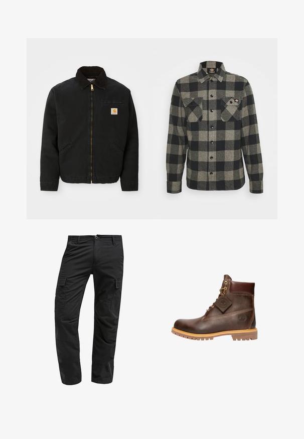 Zwarte ritsjack met een bruine corduroy kraag, twee zijzakken en een klein vierkant Carhartt logo-patch op de linkerborst.; Zwart en grijs geblokt flanellen shirt met lange mouwen, knoopsluiting aan de voorkant, twee borstzakken en een licht gebogen zoom. Gegarneerde stof.; Zwarte cargobroek met een rechte snit, gemaakt van duurzaam materiaal, met meerdere zijzakken en een knoopsluiting bij de taille.; Bruine leren enkelboot met een ronde neus, stevige zool, hardware in goudkleur en een gestructureerde bovenkant. Inclusief een merklabel dat is bevestigd.