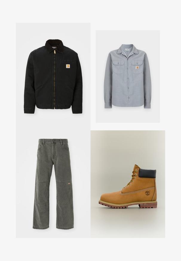 Mustapaita, jossa on ruskea corduroy-kaulus, kaksi sivutaskua ja pieni neliömäinen Carhartt-logopatchi vasemmassa rinnassa.; Vaaleanharmaa pitkähiha-painonappipaita, jossa on kaksi rintataskua. Oikeassa rintataskussa on pieni Carhartt-logolappu.; Tummanharmaat leveä lahkeiset housut, jotka on valmistettu kestävästä kankaasta. Housuissa on polvipaikat, klassinen etuvetoketjukiinnitys ja ommeltuja yksityiskohtia.; Ruskeat nahkaiset nilkkurit, joissa musta kaulus, keltaiset nauhat ja vaalea pohja. Varustettu logolla ja valkoisilla sauman yksityiskohdilla. Kestävä, pitävä ulkopohja.