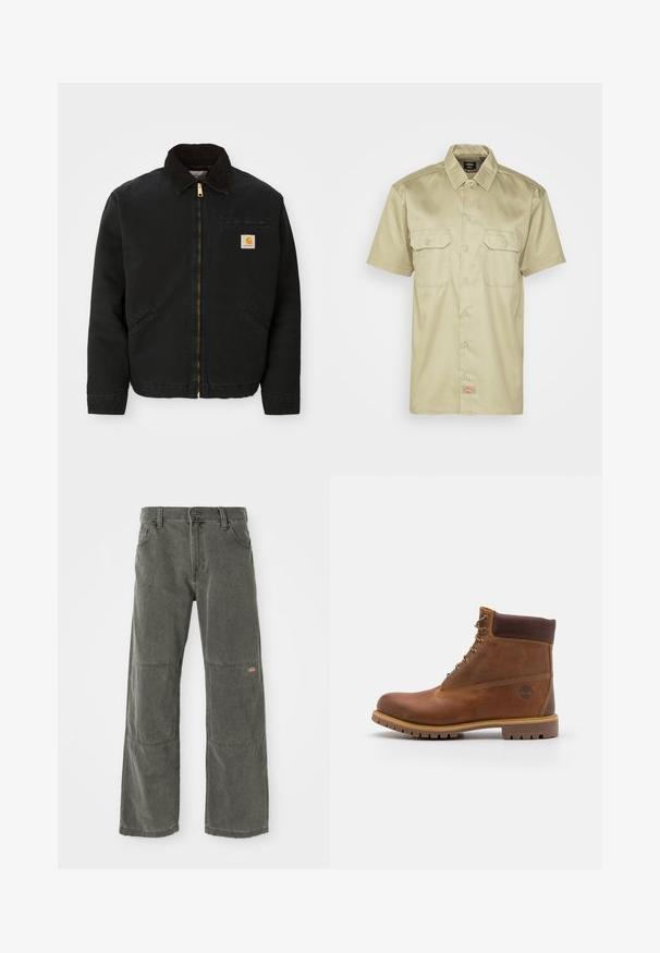 Schwarze zip-up Jacke mit braunem Cordkragen, zwei Seitentaschen und einem kleinen quadratischen Carhartt-Logo-Patch auf der linken Brust.; Kurzärmeliges, khaki Knopfhemd mit Kragen, zwei Brusttaschen und einem kleinen gestickten Logo am Saum. Glatte Stofftextur.; Dunkelgraue, weit geschnittene Hose aus strapazierfähigem Material, mit Knieschützern, klassischem Druckknopfverschluss und genähten Akzenten.; Braune Lederwanderschuhe mit glatter Oberfläche, gepolstertem Knöchel, Metallösen und einer Gummisohle mit robustem Profil.
