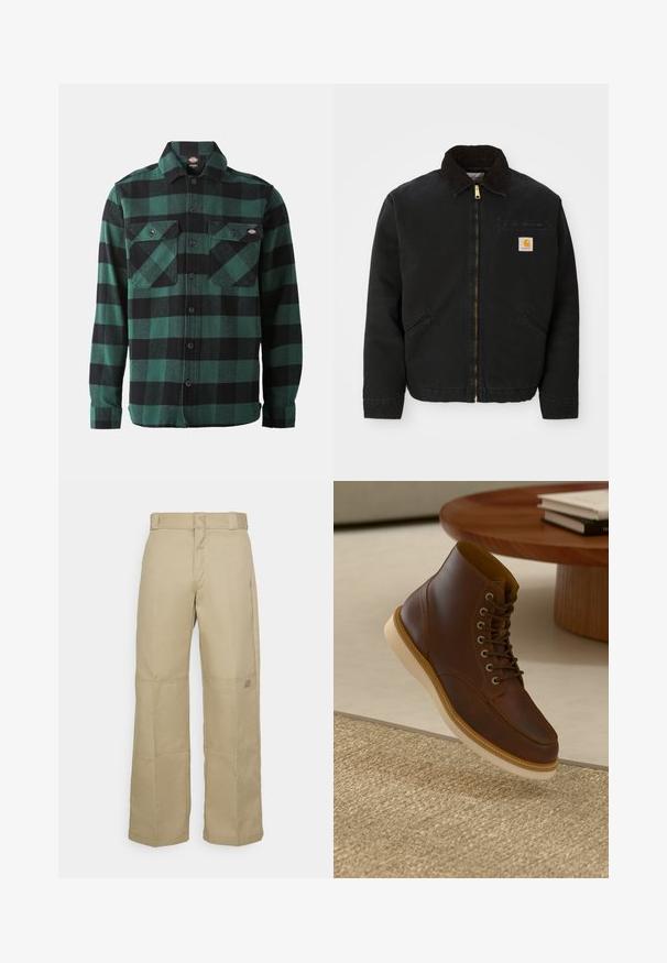 Čierna zipsová bunda s hnedým kordovým golierom, dvoma bočnými vreckami a malou štvorcovou nášivkou s logom Carhartt na ľavej hrudi.; Zeleno-čierna károvaná flanelová košeľa s dlhými rukávmi, zapínaním na gombíky vpredu, dvoma náprsními vreckami a klasickým golierom. Mäkká textúra, univerzálny dizajn.; Bežové nohavice s širokými nohavicami vyrobené z pevného materiálu, so zvýšeným pásom, viditeľným šitím a malou nášivkou loga na boku.; Hnedé kožené členkové čižmy s béžovou podrážkou na textúrovanom béžovom koberci vedľa okrúhleho dreveného stola so stohom kníh.