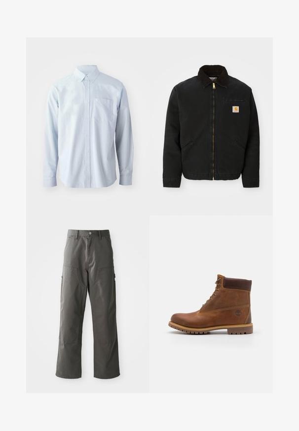 Schwarze zip-up Jacke mit braunem Cordkragen, zwei Seitentaschen und einem kleinen quadratischen Carhartt-Logo-Patch auf der linken Brust.; Helles blaues Langarmhemd aus Baumwolle. Verfügt über einen Button-Down-Kragen, Frontknöpfe und eine Brusttasche auf der linken Seite.; Graue Cargo-Hosen mit geradem Bein design, ausgestattet mit zwei Fronttaschen und zusätzlichen Seitentaschen für Stauraum. Hergestellt aus strapazierfähigem Stoff.; Braune Lederwanderschuhe mit glatter Oberfläche, gepolstertem Knöchel, Metallösen und einer Gummisohle mit robustem Profil.
