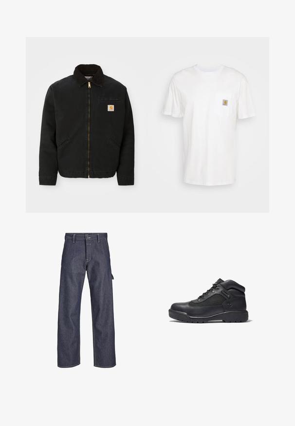 Schwarze zip-up Jacke mit braunem Cordkragen, zwei Seitentaschen und einem kleinen quadratischen Carhartt-Logo-Patch auf der linken Brust.; Weißes Baumwoll-T-Shirt mit kurzen Ärmeln, einer Brusttasche und einem kleinen quadratischen Logopatch in Orange und Weiß auf der Tasche.; Dunkelblaue Jeanshose mit geradem Schnitt, vorderem Knopfverschluss, kontrastierender Naht und seitlichem Taschen-detail.; Schwarze Wanderstiefel aus Leder und Mesh, mit gepolstertem Kragen, Schnürverschluss, Gummisohle mit Profil und geprägtem Logo.