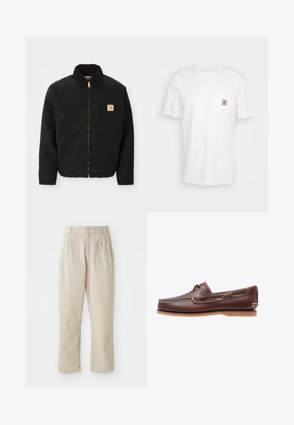 Veste noire à zip avec un col en velours côtelé marron, deux poches latérales et un petit patch carré avec le logo Carhartt sur la poitrine gauche.; T-shirt en coton blanc à manches courtes, avec une poche poitrine et un petit patch logo carré en orange et blanc sur la poche.; Pantalons beiges légers avec une coupe décontractée, plis rentrés à l'avant, fermeture à bouton et ourlets retroussés. Texture lisse, design minimal.; Chaussure bateau en cuir marron avec coutures blanches, détails de lacets et semelle en caoutchouc beige, vue de côté sur fond blanc.