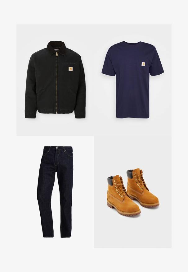 Schwarze zip-up Jacke mit braunem Cordkragen, zwei Seitentaschen und einem kleinen quadratischen Carhartt-Logo-Patch auf der linken Brust.; Navyblaue Baumwoll-T-Shirt mit kurzen Ärmeln, Rundhalsausschnitt und einer linken Brusttasche, die ein gelbes und weißes Carhartt-Logo aufgestickt hat.; Dunkelblaue Jeans aus Denim mit geradem Schnitt, ausgestattet mit gelben Nähten, fünf Taschen und einem klassischen Knopf- und Reißverschluss.; Lederarbeitsstiefel in Tan mit schwarzem gepolstertem Kragen, goldenen Ösen und braunen Gummisohlen. Mit kontrastierenden Nähten und einem Logo an der Seite.