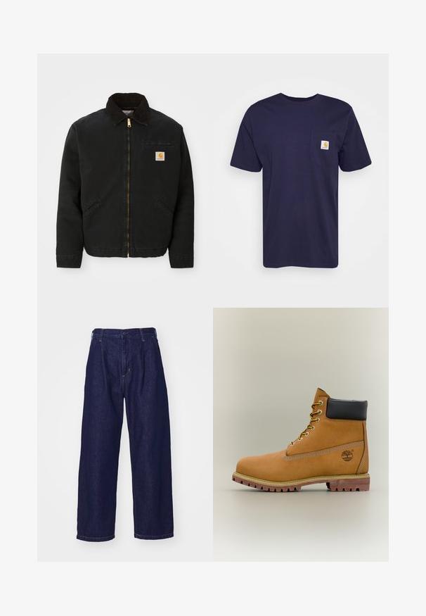Zwarte ritsjack met een bruine corduroy kraag, twee zijzakken en een klein vierkant Carhartt logo-patch op de linkerborst.; Navyblauwe katoenen t-shirt met korte mouwen, ronde hals en linkerkant borstzak met een geel en wit Carhartt-logo erop geborduurd.; Donkerblauwe spijkerbroek, wijd uitlopende stijl, hoge taille, met een knoopsluiting en klassieke vijf-pocket styling. Vlotte textuur, subtiele stiksels.; Bruine leren enkellaars met zwarte kraag, gele veters en een zandkleurige zool. Voorzien van een logo en witte stikseldetails. Robuuste loopzool met grip.