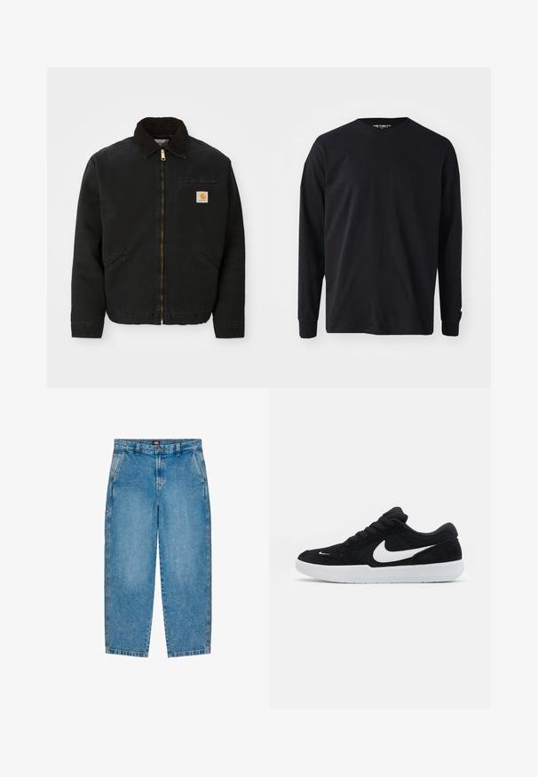 Mustan lukuga vest, millel on pruunist kangast krae, kaks küljetaskut ja väike ruudukujuline Carhartti logo patch vasakul rinnal.; Must musta varrukatega T-särk, mis on valmistatud puuvillast, ümmarguse kaelusega ja sirge lõikega, väikese logodetailiga varrukal.; Heledad sinine denimid, millel on sirge sääre disain. Omab ees taskuid, luku sulgemist ja kontrastset õmblust õmblustel.; Musta sametist spordikingad valgete detailidega, ümmarguse varbaga, paksu valge tallaga ja mustade paeltega. Eeskujulik valge Nike logo küljes.